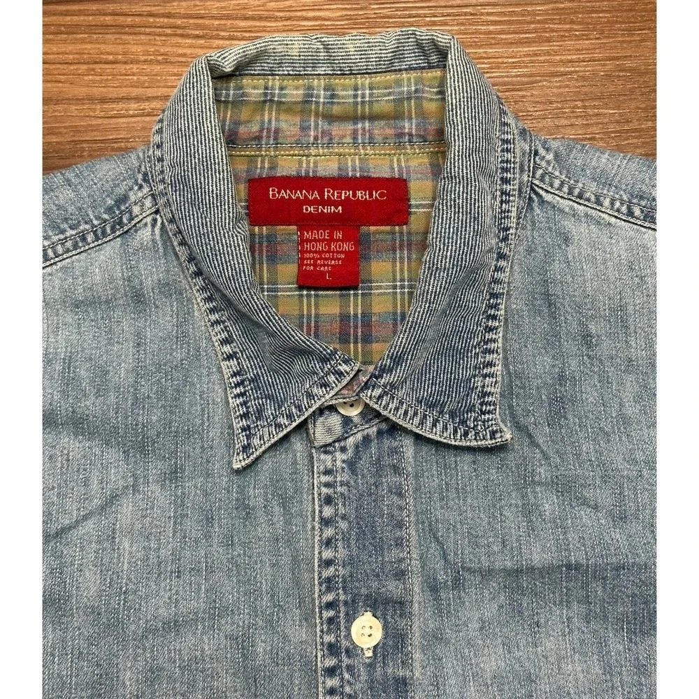 Vintage Banana Republic Distressed Denim Plaid Cuff Button Up Shirt Men Sz L